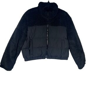 Maralyn & Me Mix Media Puffer Jacket Black Teddy Fleece Sherpa Cropped XL NEW